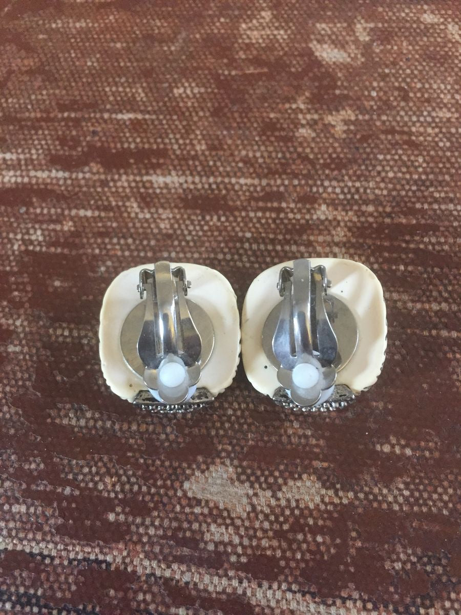 Carved Faux Ivory AB Rhinestone Earrings