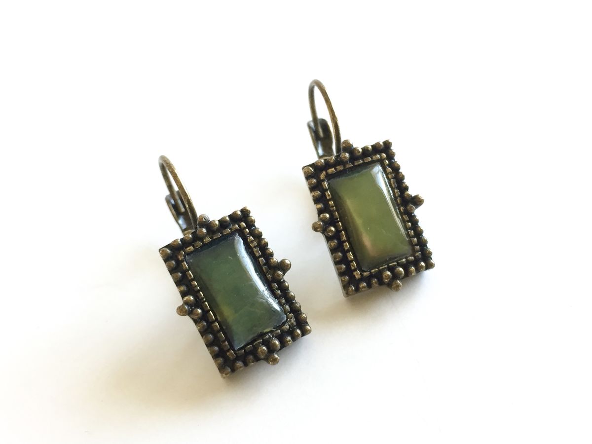 Antiqued Brass Moon Glow Earrings in Green