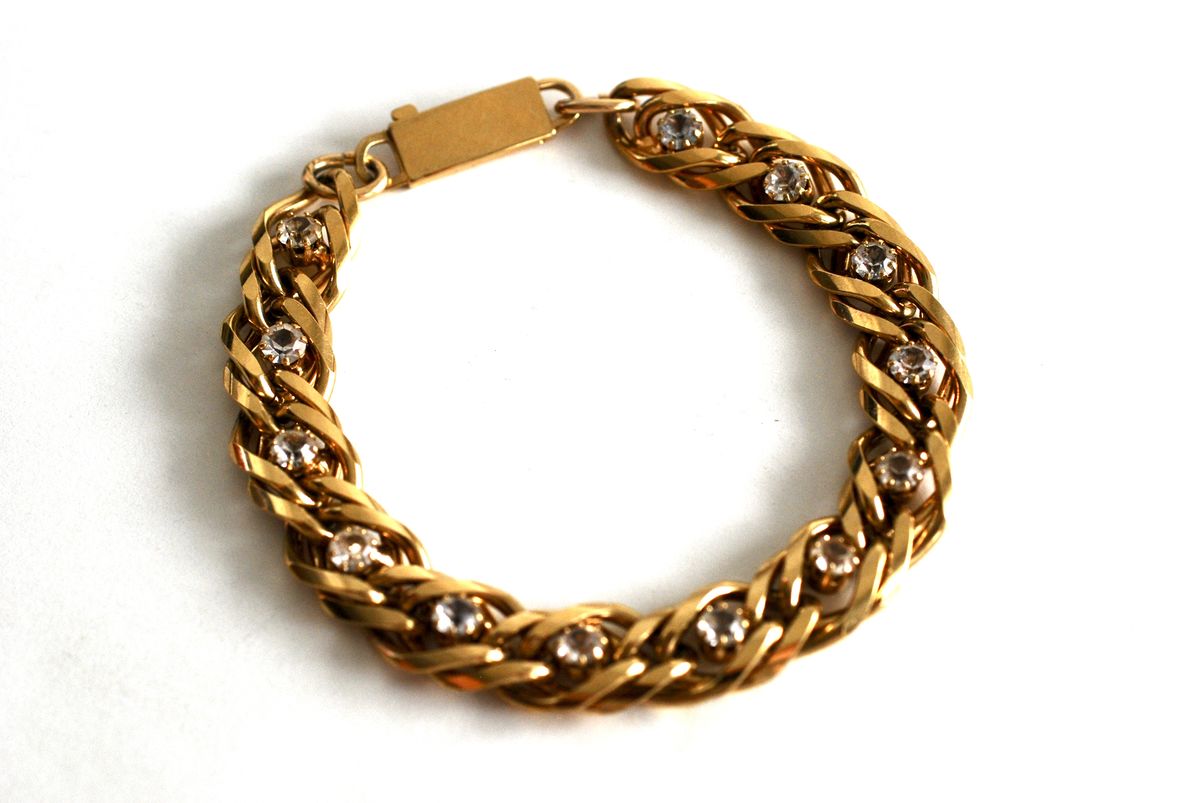 Double Link Curb Chain Bracelet with Inset Clear Stones in Gold Tone