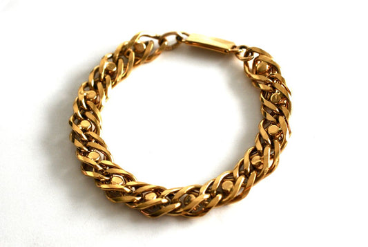 Double Link Curb Chain Bracelet with Inset Clear Stones in Gold Tone